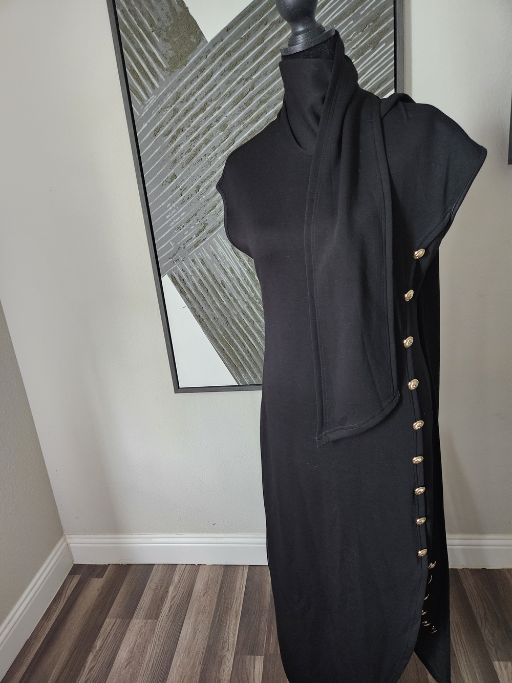 Asymmetrical Black Dress with Side Button Detail - Picture 7 of 8
